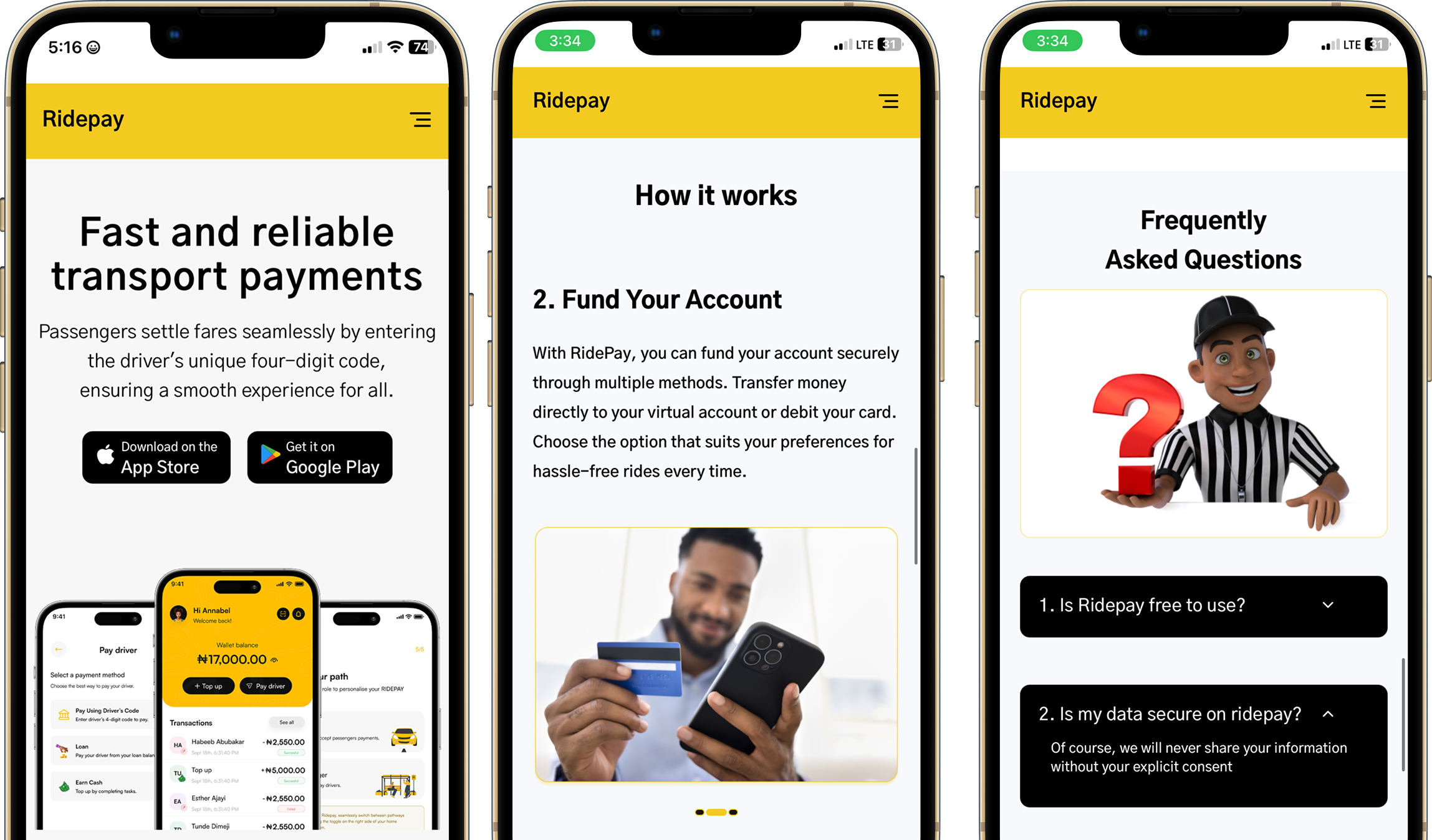 Snapshot of the Ridepay mobile design
