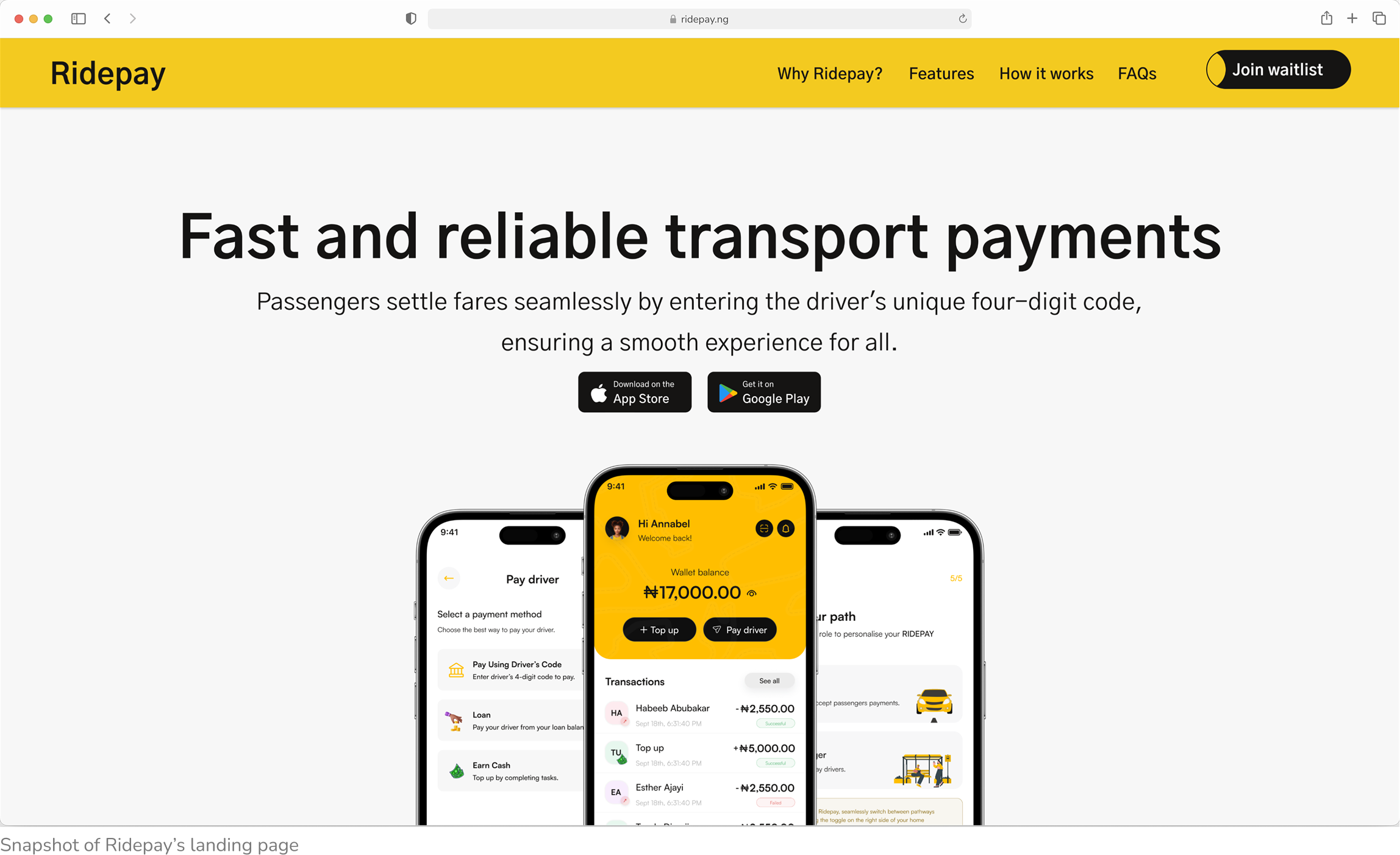 Snapshot of the Ridepay landing page